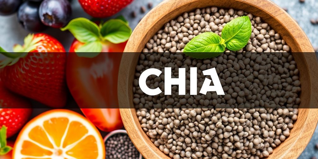 Chia seeds in a bowl with fruits and spoon.