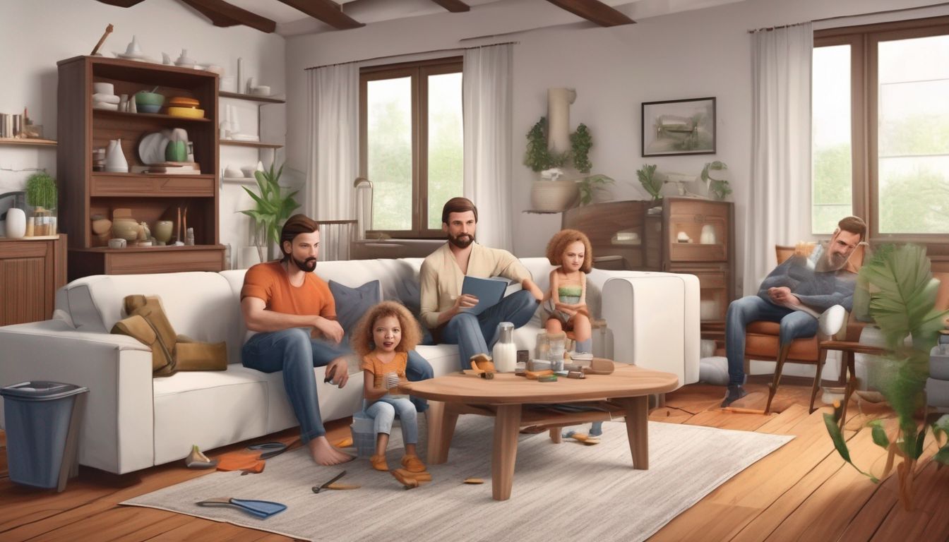 family in a living room with renovation tools and covered furniture