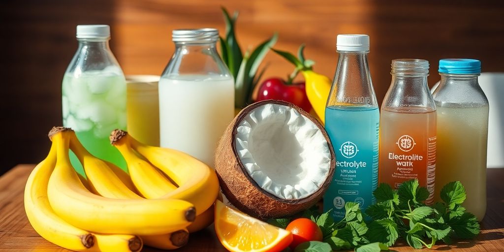 Colorful electrolyte-rich foods on a wooden table.