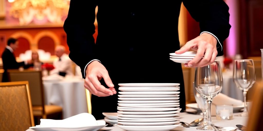 Busser clearing table at elegant catering event