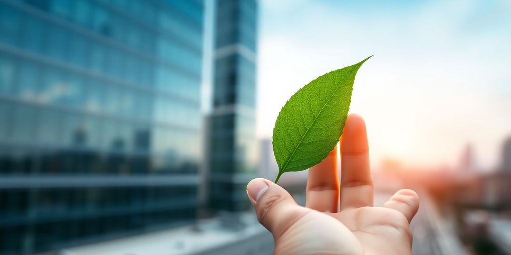Hand holding a green leaf against a city background.
