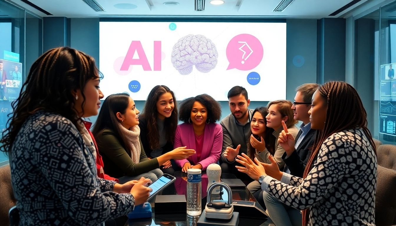 Diverse individuals discussing artificial intelligence concepts and technology.