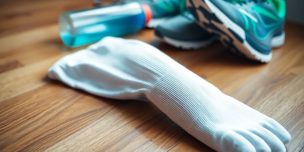 Close-up of compression white socks and running gear.