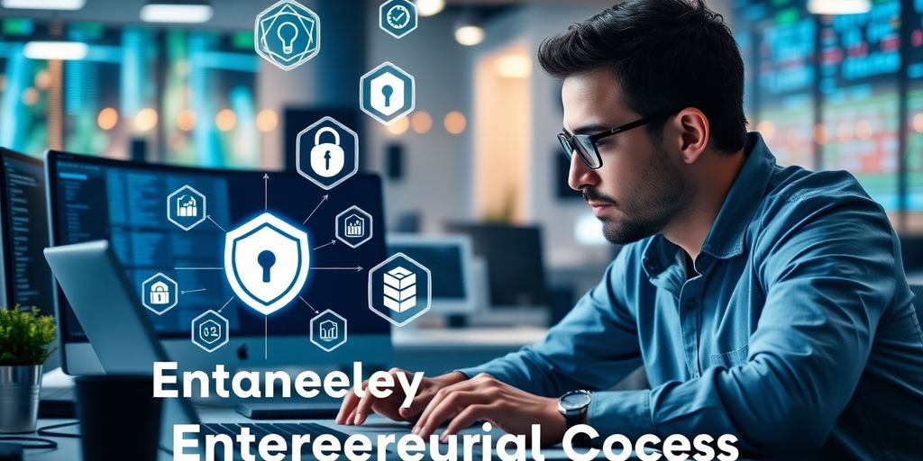 Entrepreneur working on laptop with cybersecurity icons around.