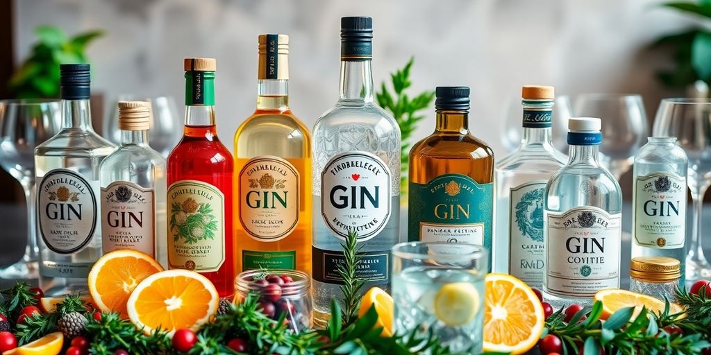 Een opstelling van ginflessen met verse botanicals.