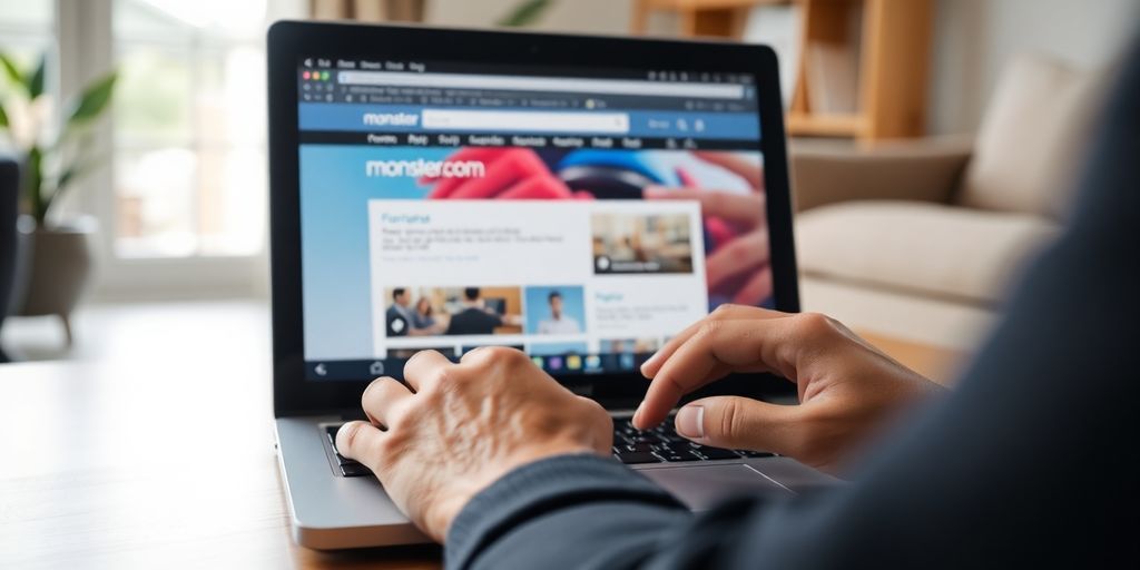 Laptop with Monster.com on screen, person typing.