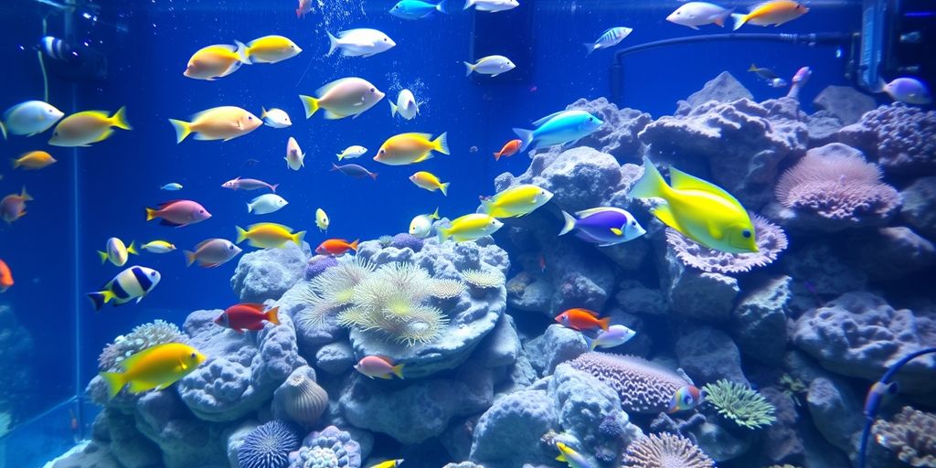 Acuario de agua salada colorido con peces y corales.