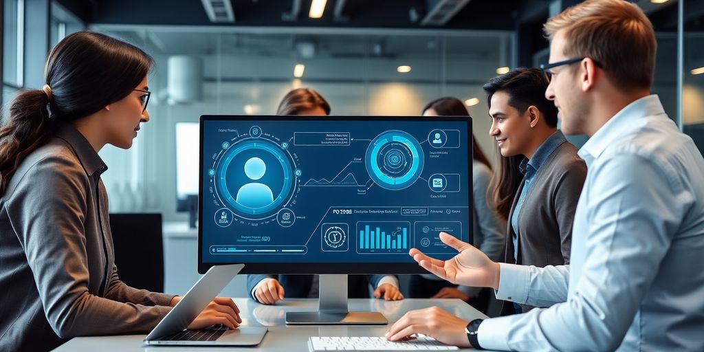 Team collaborating with advanced AI technology in a workspace.