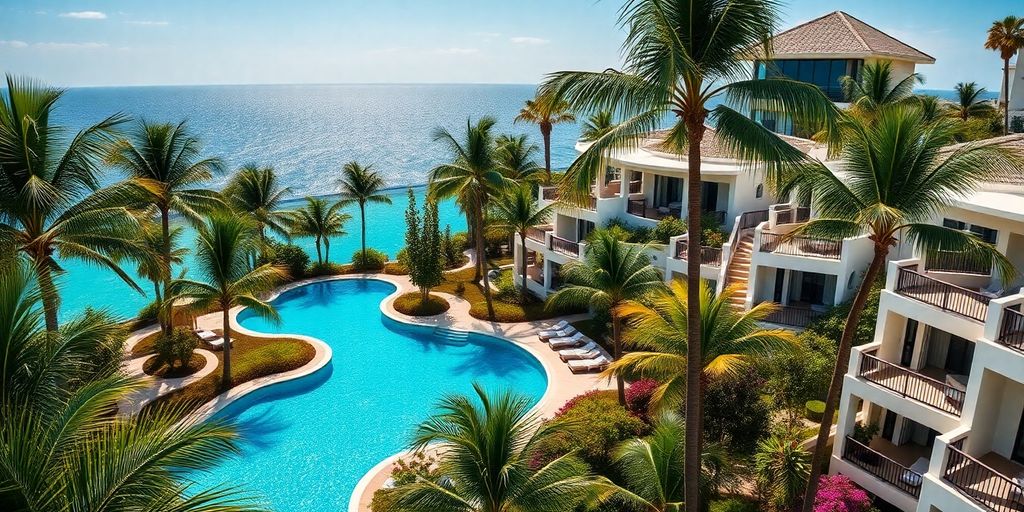 Tropical resort pool, distant villas