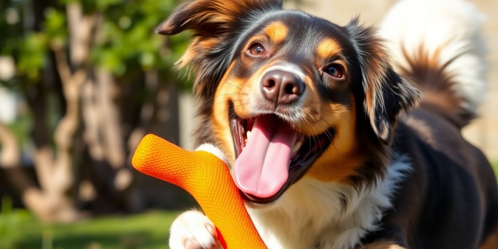 Dog playing with a colourful toy in the garden.