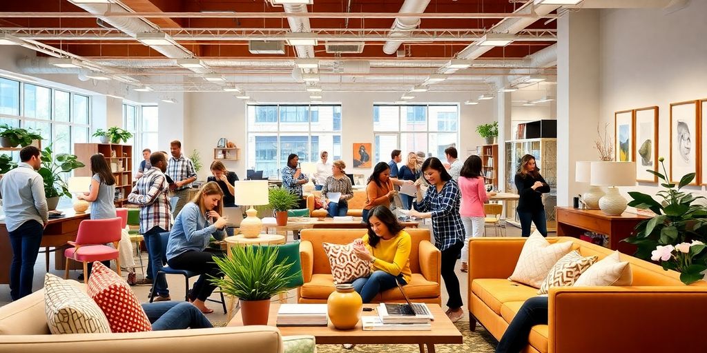Diverse employees collaborating in a stylish workspace at Crate and Barrel.