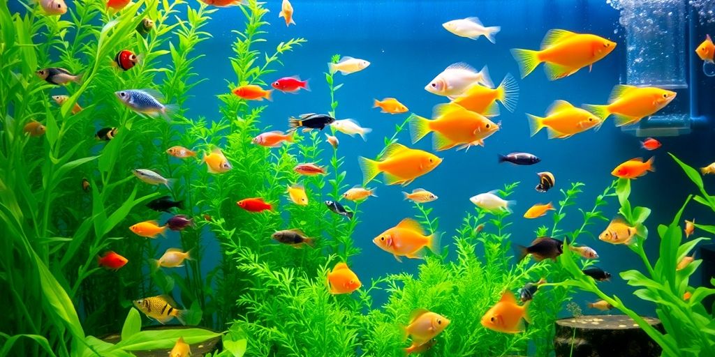 Makukulay na freshwater fish na lumalangoy sa isang masaganang aquarium.