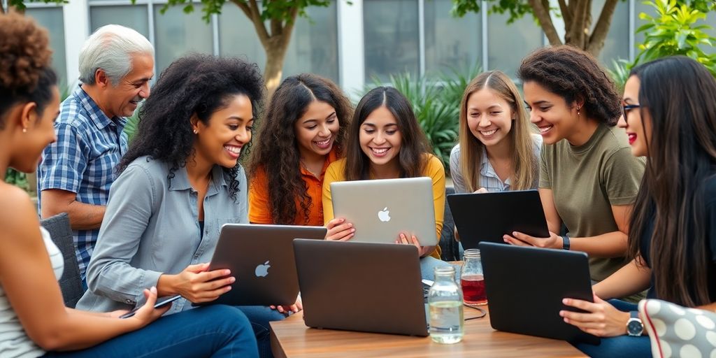 Diverse group sharing laptops in a community setting.