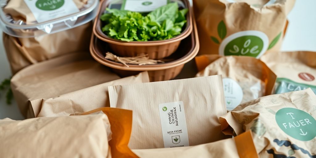 Biodegradable food packaging stacked neatly.