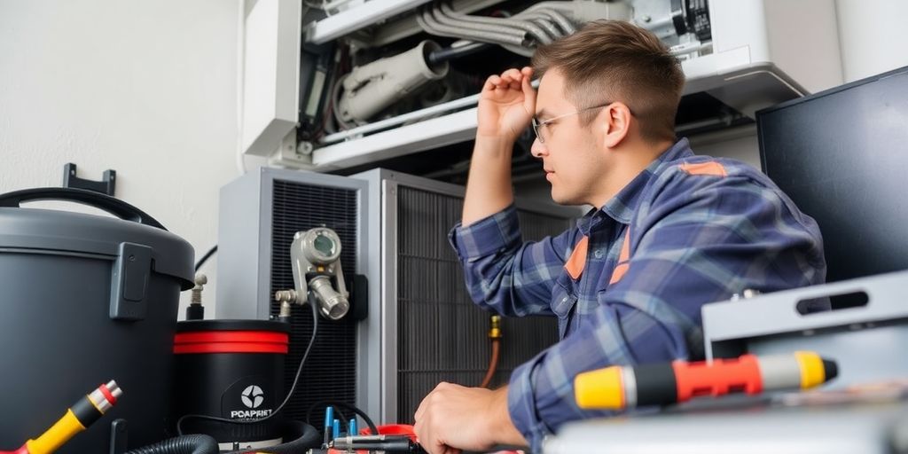 Technician repairing HVAC unit in a clean environment.
