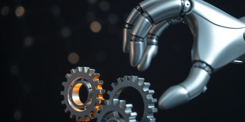Robot hand manipulating gears, glowing neural network connection.