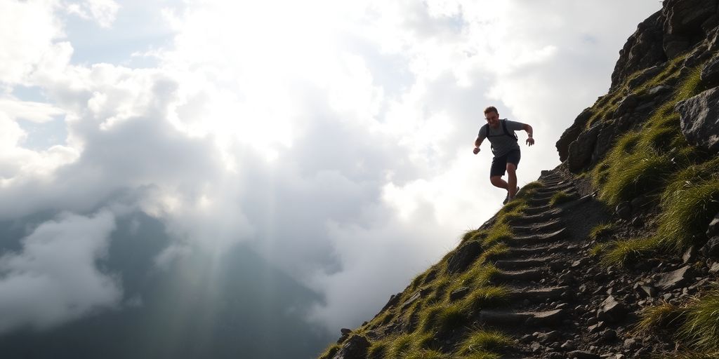 Person climbing a mountain towards a bright summit.
