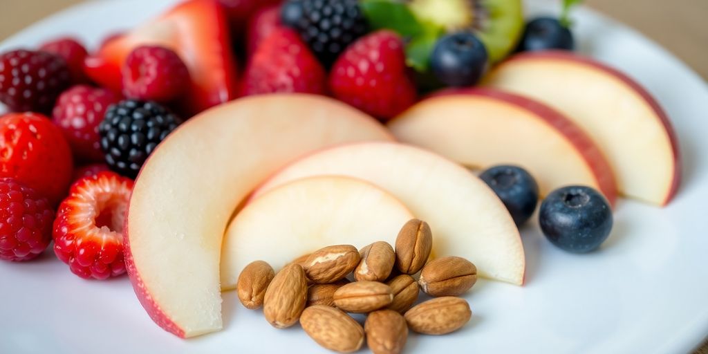 Plate of colorful fruits and nuts, healthy snack.