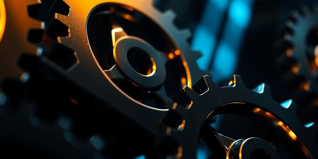 Bright light beams illuminating abstract interconnected gears.