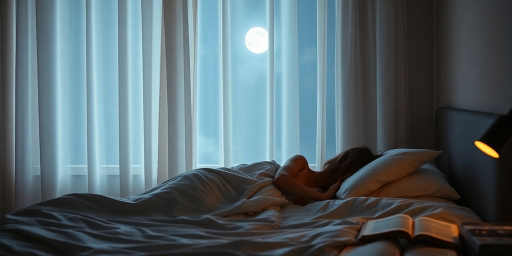 Person sleeping peacefully in a moonlit bedroom.