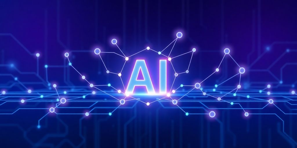 Futuristic digital interface with AI nodes and connections.