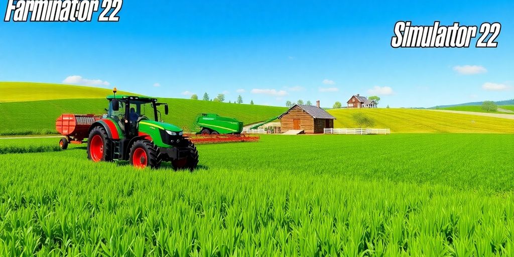 Farming Simulator 22 avec un tracteur et des champs en arrière-plan.
