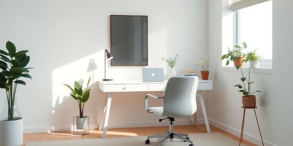 Minimalist home office with clean desk and natural light.