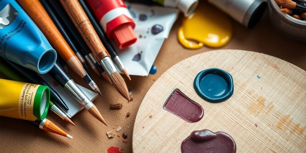 Tubes of oil paints, brushes, palette, and canvas.