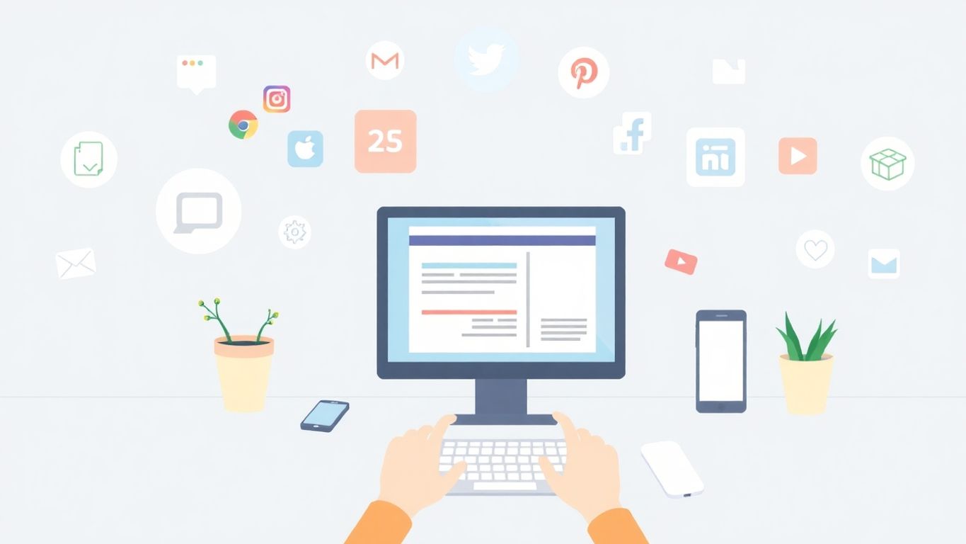 Digital tilstedeværelse med enkle, moderne illustrasjoner.