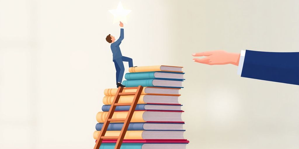 Person climbing a career ladder with help.