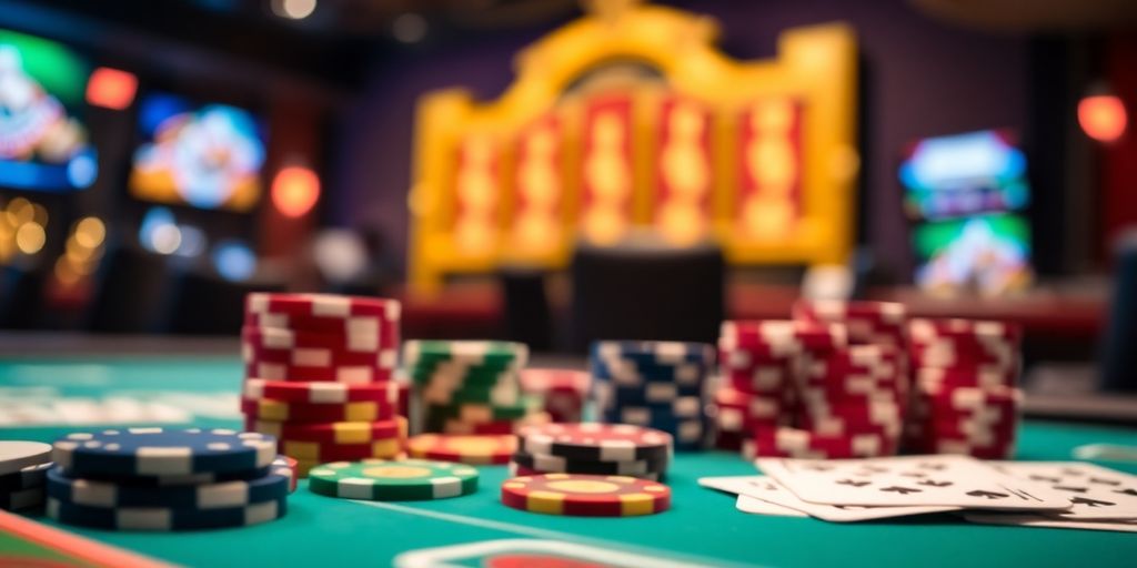 Poker chips and cards on a casino table.