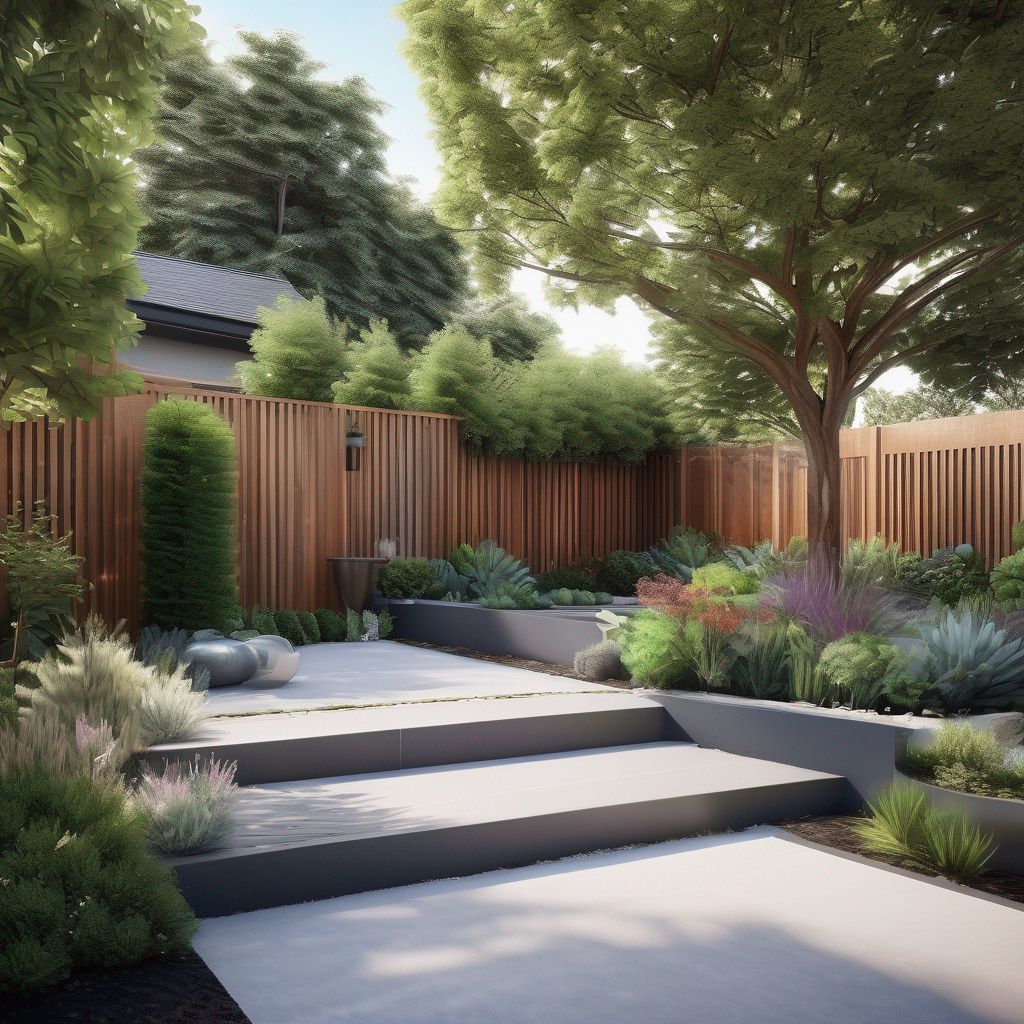 modern backyard garden with privacy fences and innovative landscape design