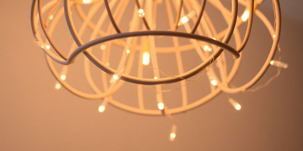 DIY chandelier from embroidery hoops, lit