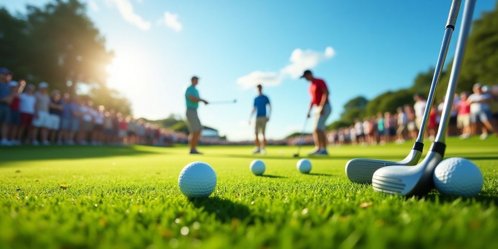 Golf players competing on a green course during a tournament.