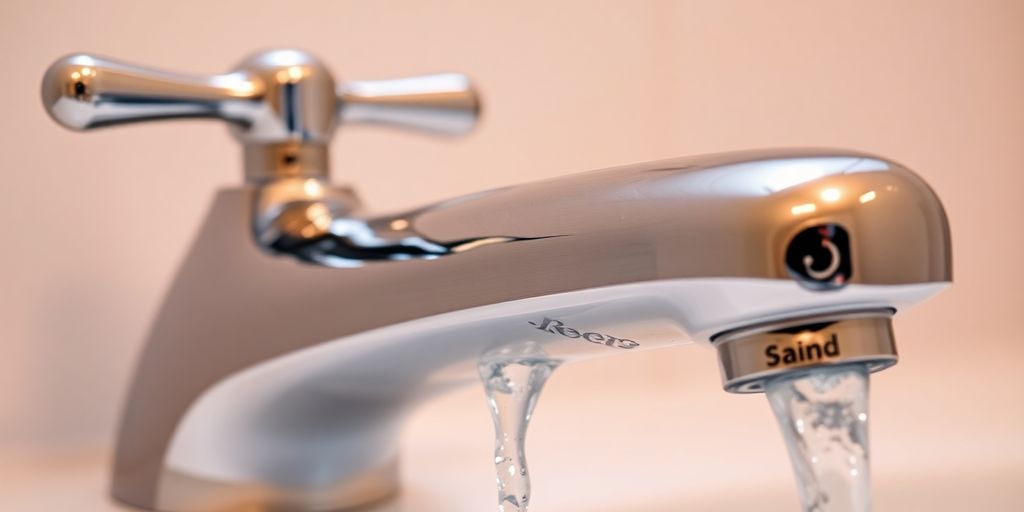 Sparkling clean bathroom faucet with water droplets.