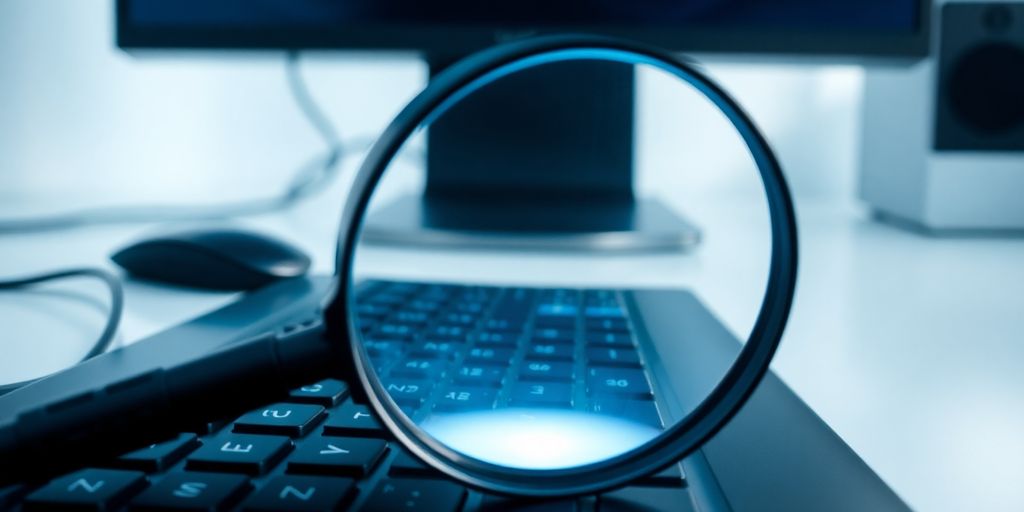 Magnifying glass over a keyboard, glowing data.