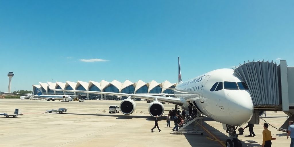 Modern aircraft at Guarulhos Airport arrivals.