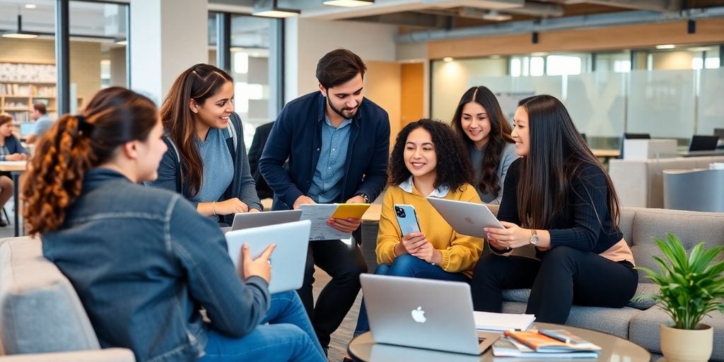 Diverse college students collaborating in a modern office.