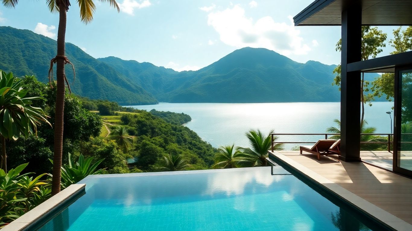 Tranquil infinity pool with sea views and luxury villas.