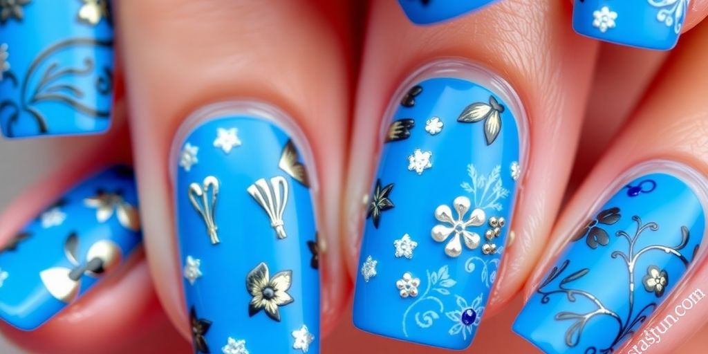 Unhas azuis decoradas com adesivos coloridos e criativos.