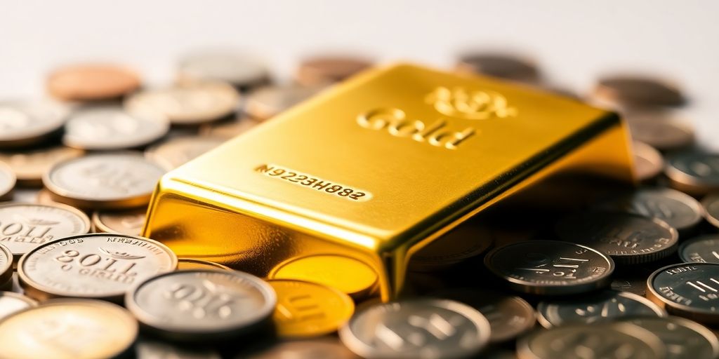Un lingot d'or sur un lit de pièces.