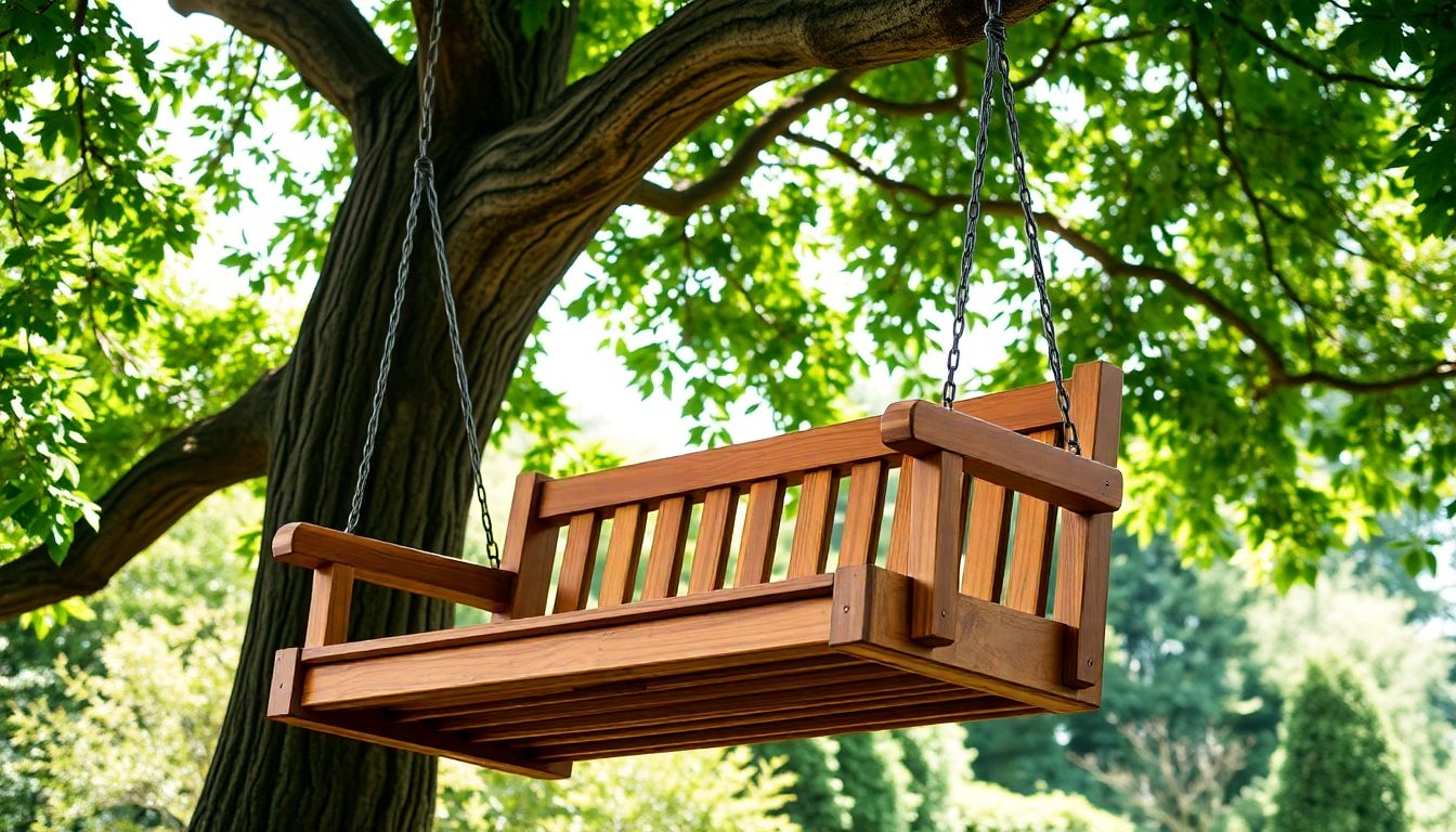 Wooden garden swing in a lush green setting.