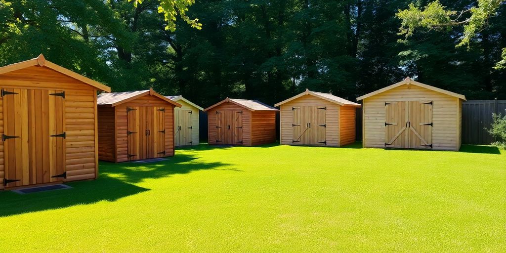 Various shed sizes in a backyard.