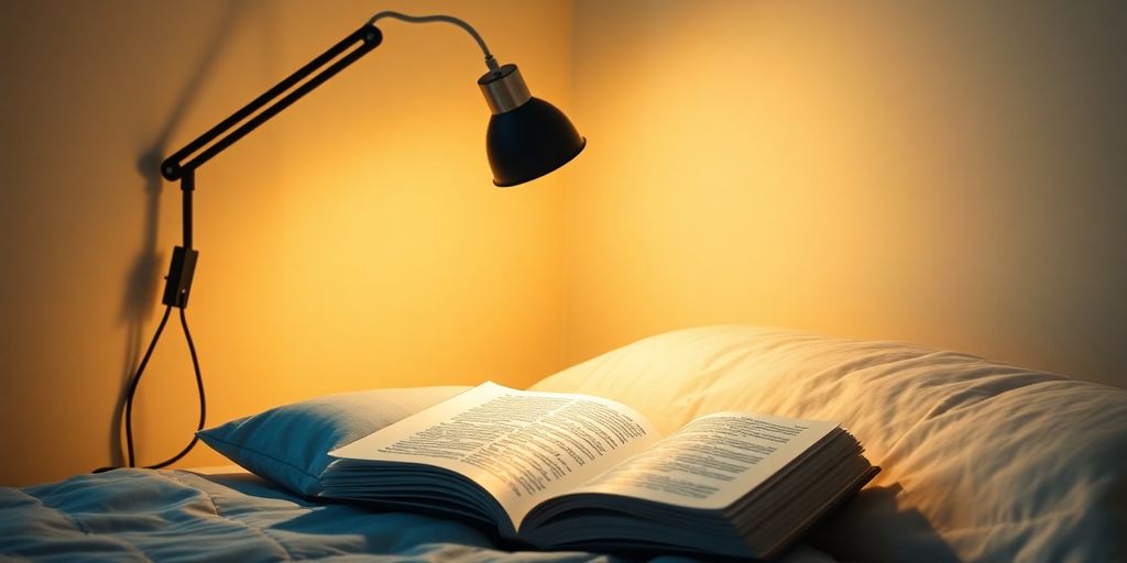 Adjustable bed clip lamp illuminating a book in a cosy reading nook.