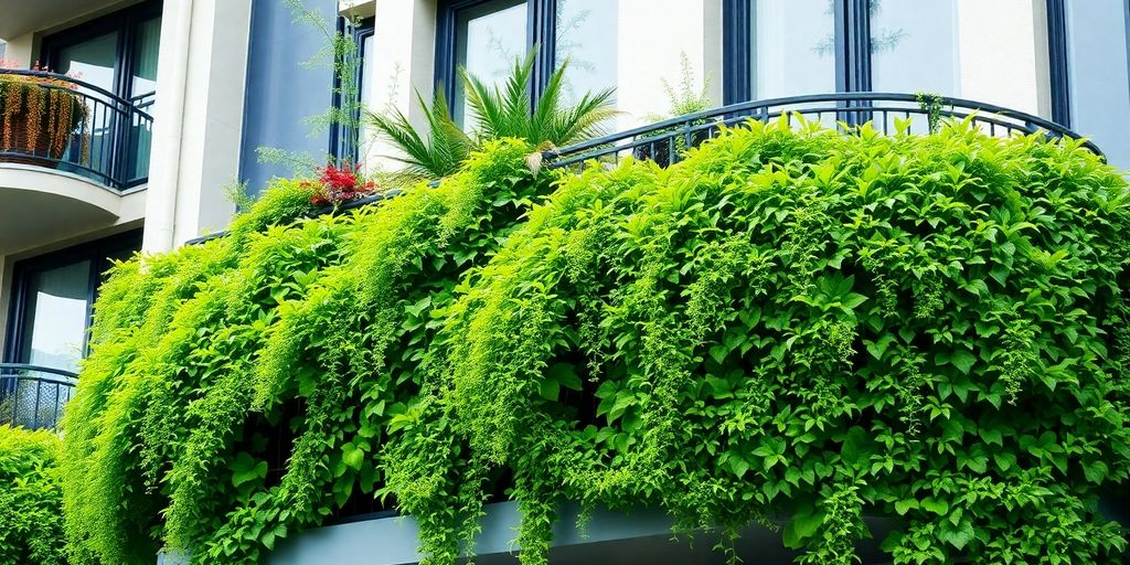 Grüner Balkon mit vertikalem Pflanzsystem.