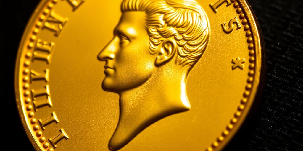 Monnaie en or Napoléon sur fond sombre.