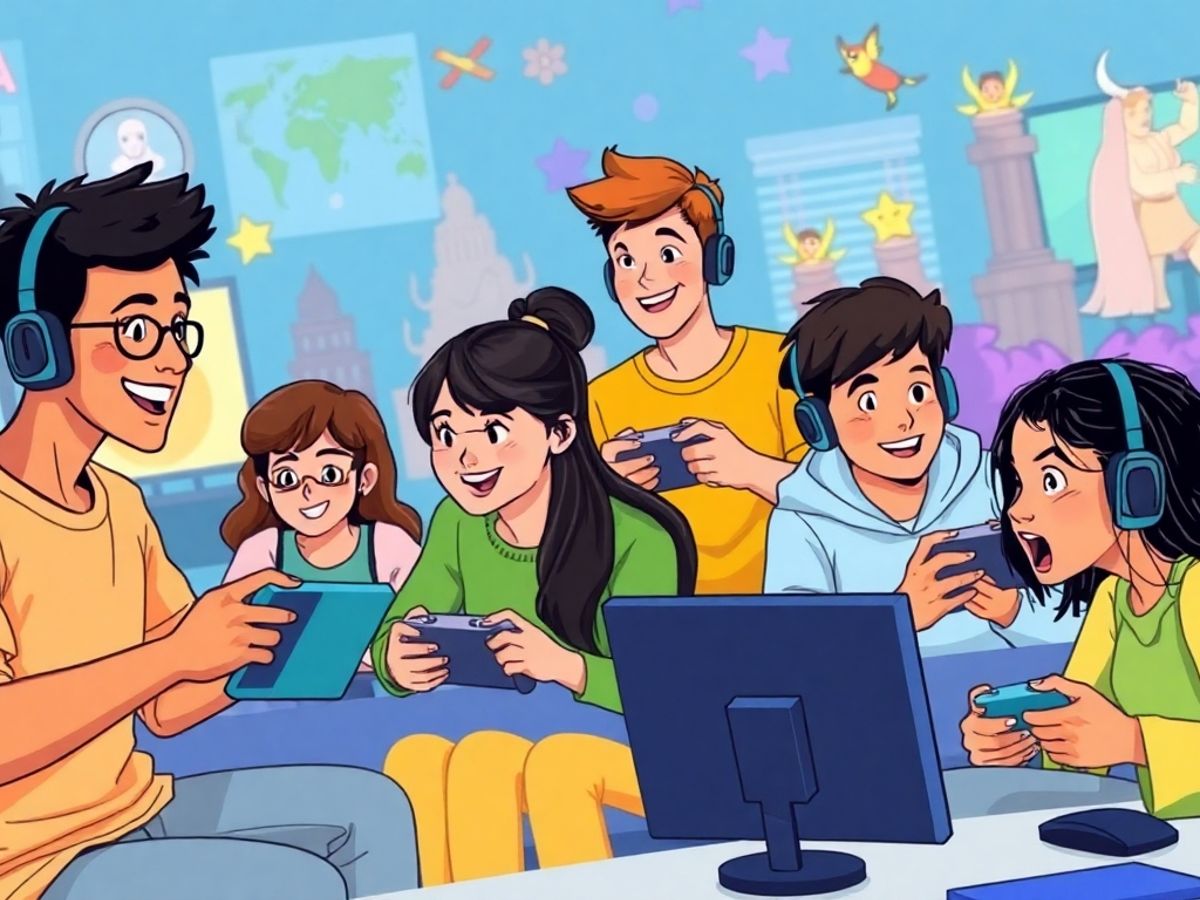 Diverse gamers enjoying video games in a vibrant setting.