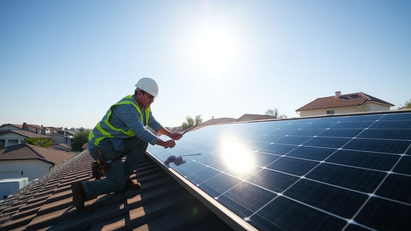Nettoyant pour panneaux solaires sur le toit, arrière-plan d'une maison résidentielle.