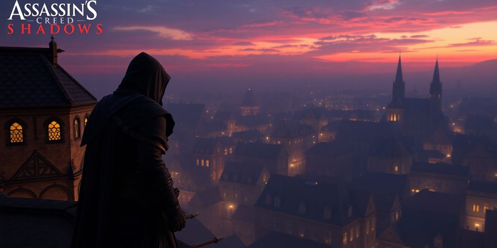 Ein Assassine auf einem Dach bei Dämmerung.