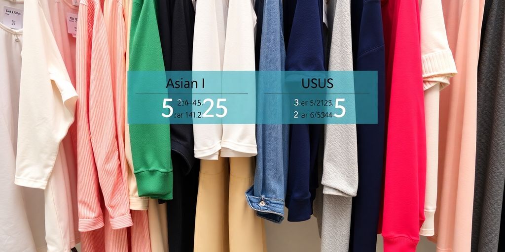 Clothing tags with Asian and US sizes.